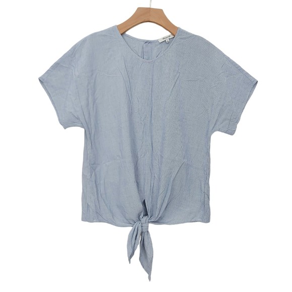 Madewell Blouse Womens Medium Striped Tie Front Back Button Short Sleeve Preppy - Picture 1 of 11